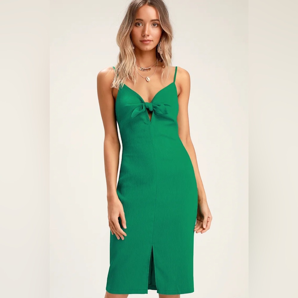 ASTR Syd Emerald Green Ribbed Tie Front Midi Dress (L)